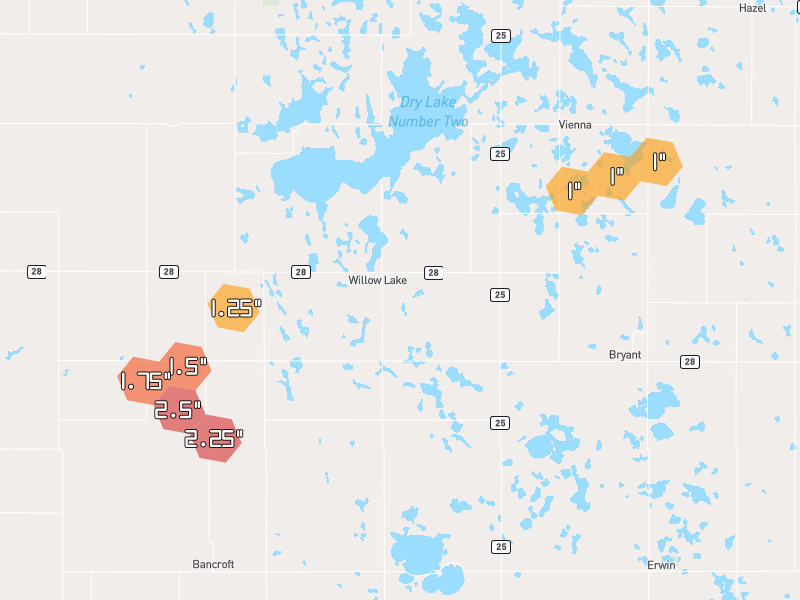 Hail map of Willow Lake, SD on Jul 2, 2026, hail up to 2.5"