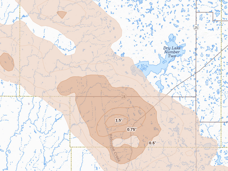 Radar-estimated hail-size map of the storm over Willow Lake, SD on Aug 24, 2026