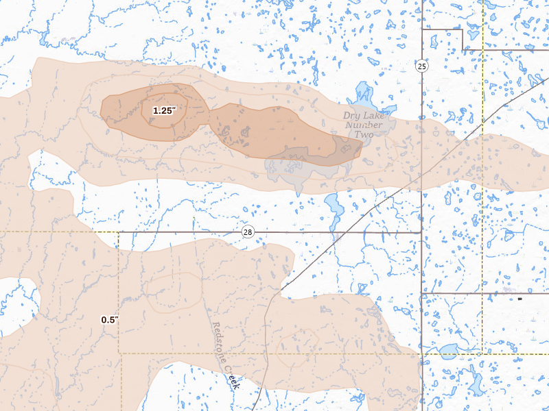 Radar-estimated hail-size map of the storm over Willow Lake, SD on Aug 28, 2026
