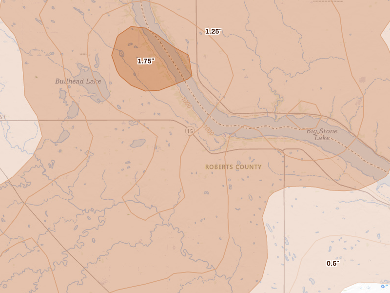 Radar-estimated hail-size map of the storm over Wilmot, SD on Jul 6, 2026