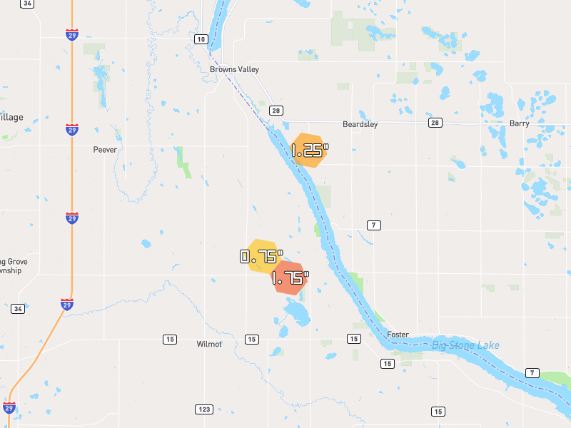 Hail map of Wilmot, SD on Jul 7, 2026, hail up to 1.75"