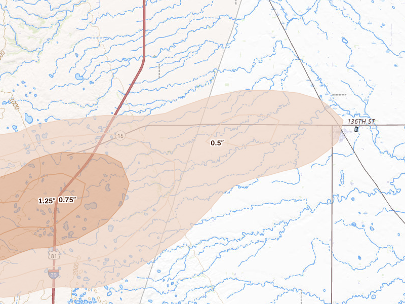 Radar-estimated hail-size map of the storm over Wilmot, SD on Aug 6, 2026