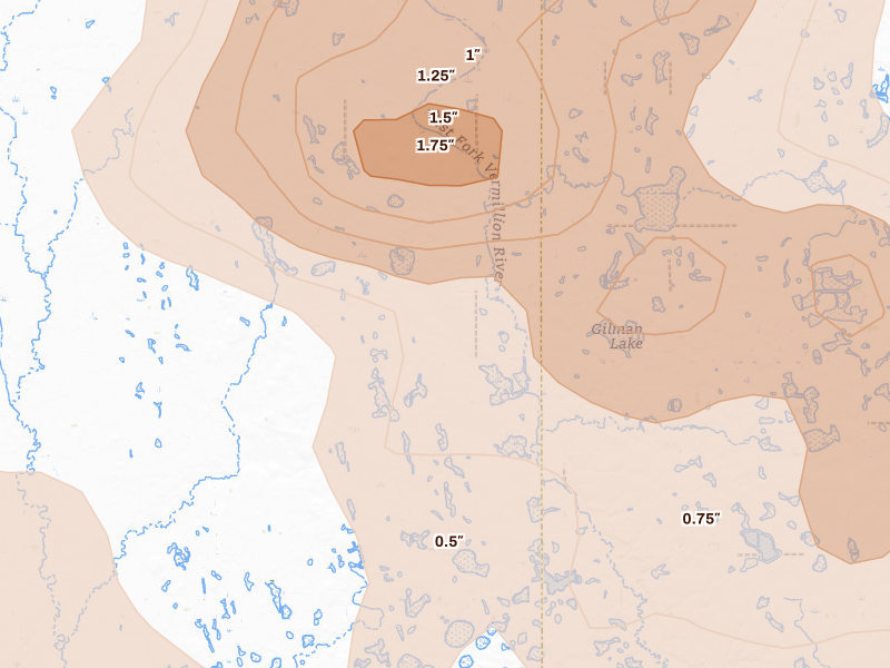 Radar-estimated hail-size map of the storm over Winfred, SD on Aug 6, 2026