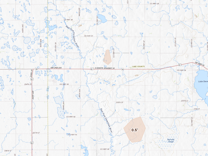 Radar-estimated hail-size map of the storm over Winfred, SD