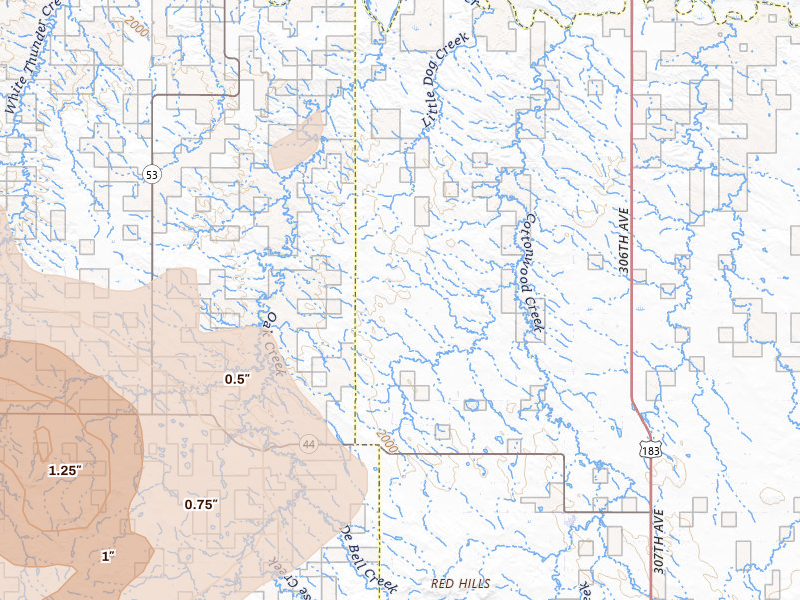 Radar-estimated hail-size map of the storm over Winner, SD on Jun 2, 2026