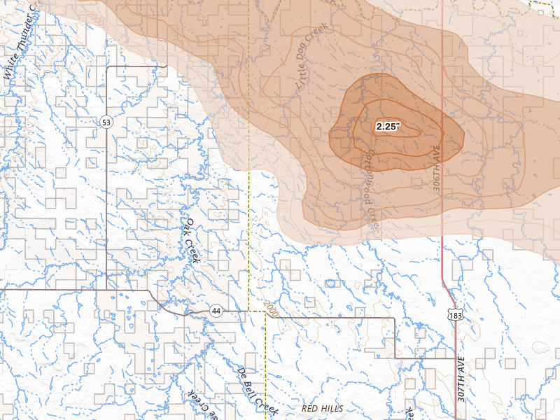 Radar-estimated hail-size map of the storm over Winner, SD on Jun 3, 2026