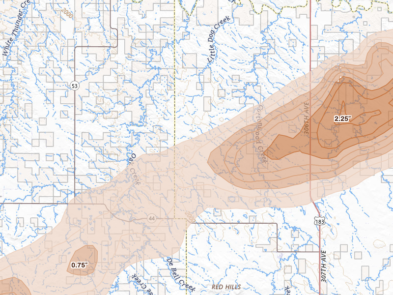 Radar-estimated hail-size map of the storm over Winner, SD on Jun 4, 2026