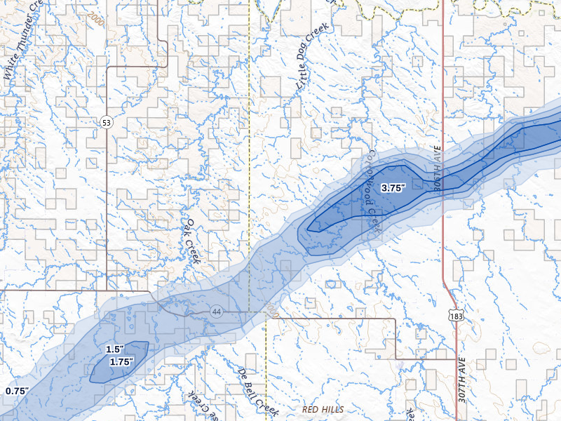 NEXRAD radar-signature map of the hail over Winner, SD