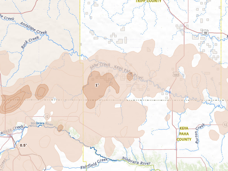 Radar-estimated hail-size map of the storm over Winner, SD on Jun 27, 2026