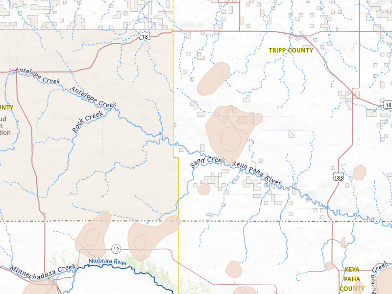 Radar-estimated hail-size map of the storm over Winner, SD on Jun 30, 2026