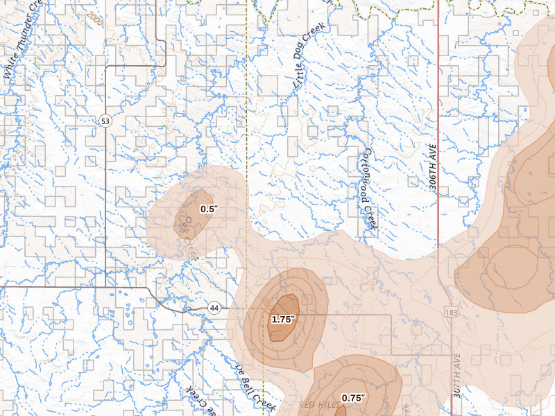 Radar-estimated hail-size map of the storm over Winner, SD on Jul 6, 2026