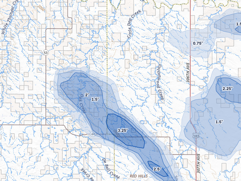 NEXRAD radar-signature map of the hail storm over Winner, SD on Jul 6, 2026