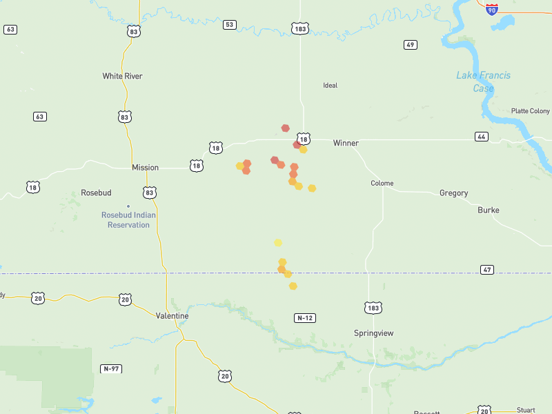 Hail map of Winner, SD on Jul 6, 2026, hail up to 2.5"