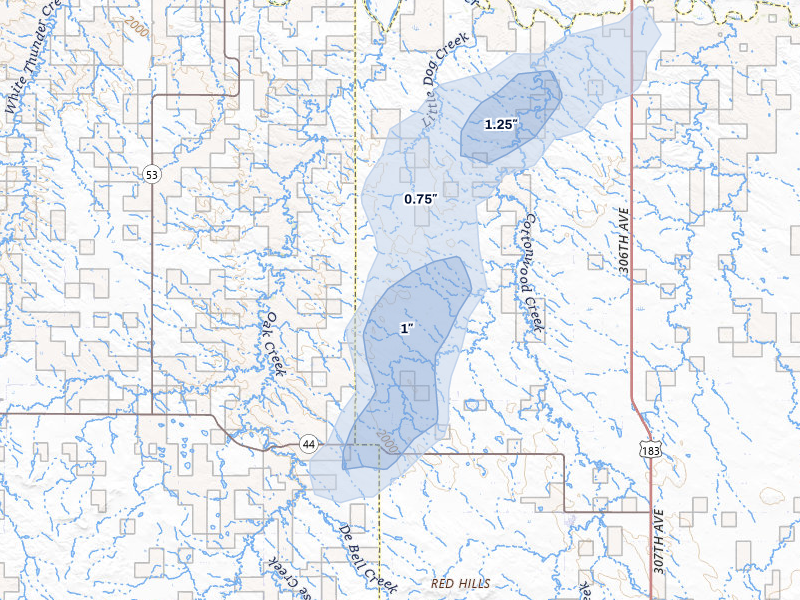 NEXRAD radar-signature map of the hail storm over Winner, SD on Jul 25, 2026