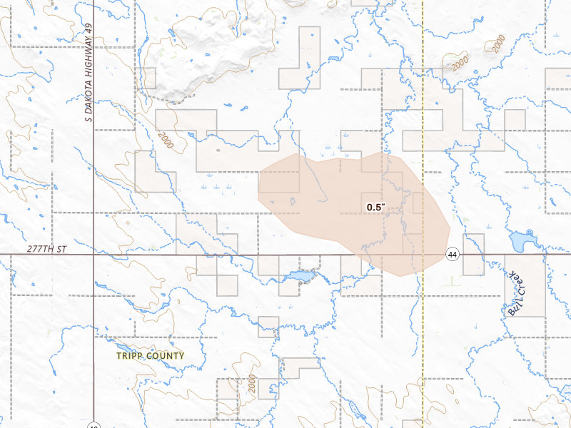 Radar-estimated hail-size map of the storm over Winner, SD on Aug 6, 2026