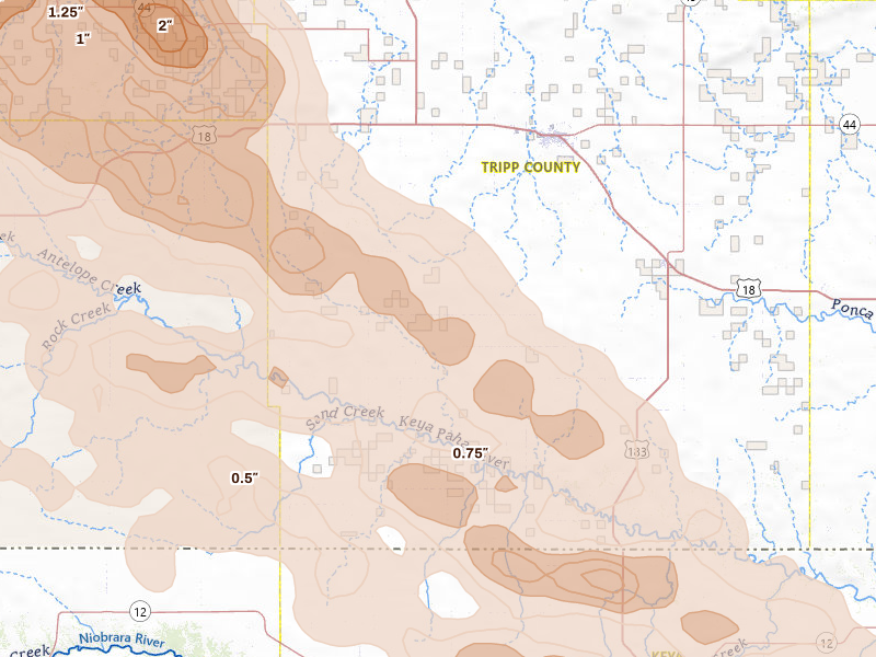 Radar-estimated hail-size map of the storm over Winner, SD on Aug 11, 2026
