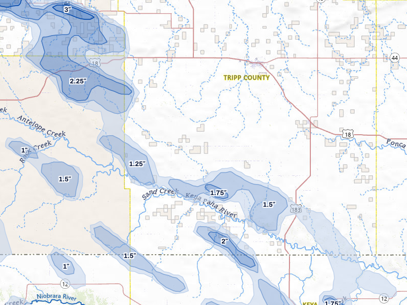 NEXRAD radar-signature map of the hail storm over Winner, SD on Aug 11, 2026