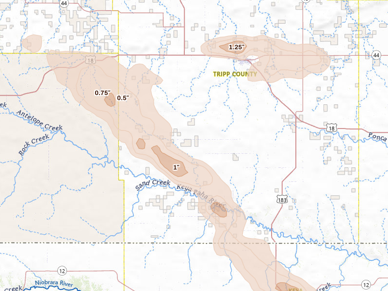 Radar-estimated hail-size map of the storm over Winner, SD on Aug 18, 2026