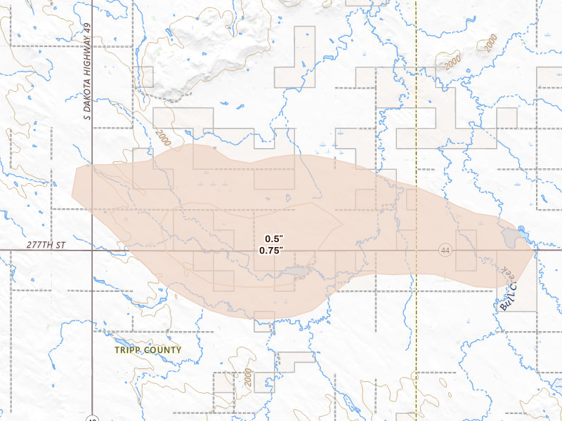 Radar-estimated hail-size map of the storm over Winner, SD on Aug 19, 2026