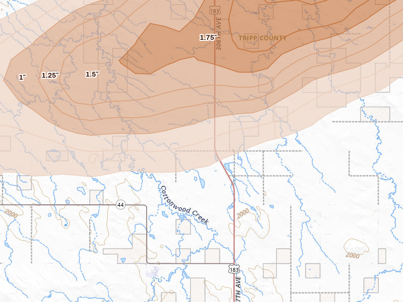 Radar-estimated hail-size map of the storm over Witten, SD on Jun 4, 2026