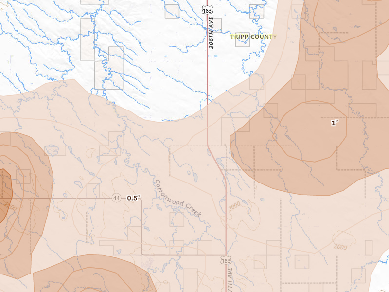 Radar-estimated hail-size map of the storm over Witten, SD on Jul 6, 2026