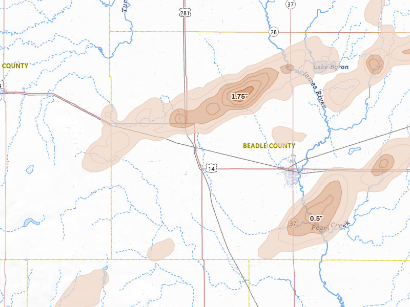 Radar-estimated hail-size map of the storm over Wolsey, SD on Jun 3, 2026