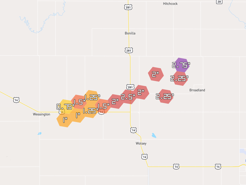 Hail map of Wolsey, SD on Jun 3, 2026, hail up to 2.75"
