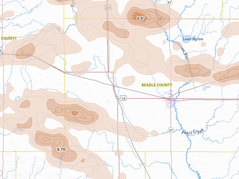 Radar-estimated hail-size map of the storm over Wolsey, SD on Jun 4, 2026