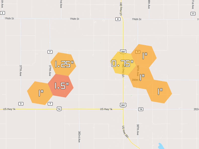 Hail map of Wolsey, SD on Jun 4, 2026, hail up to 1.5"