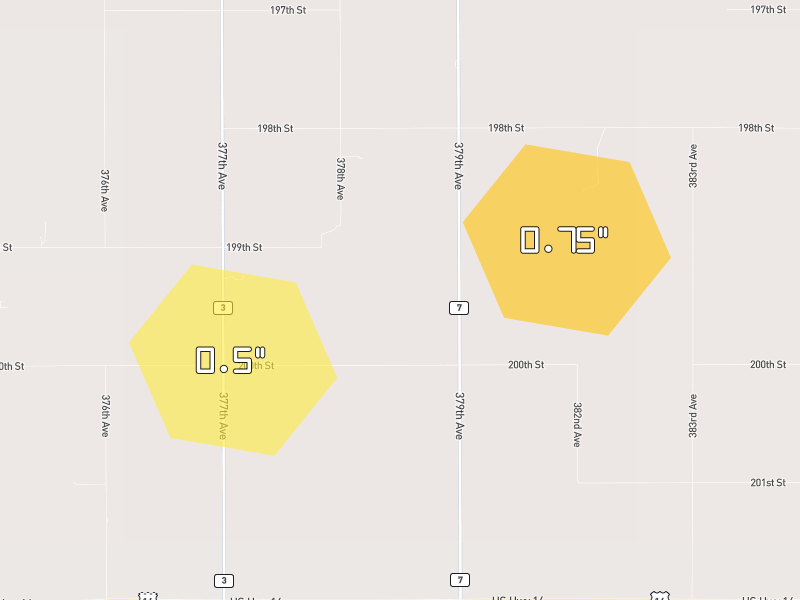 Hail map of Wolsey, SD on Jun 5, 2026, hail up to 0.75"