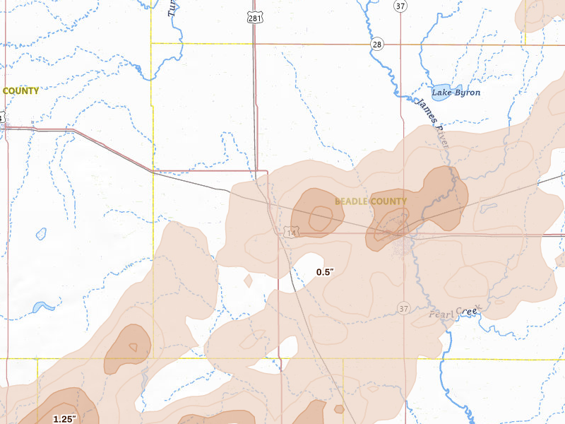 Radar-estimated hail-size map of the storm over Wolsey, SD on Jul 2, 2026