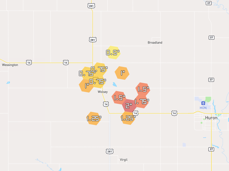Hail map of Wolsey, SD on Jul 2, 2026, hail up to 2"
