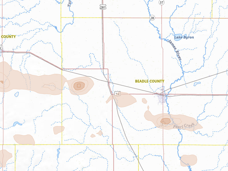 Radar-estimated hail-size map of the storm over Wolsey, SD on Jul 25, 2026