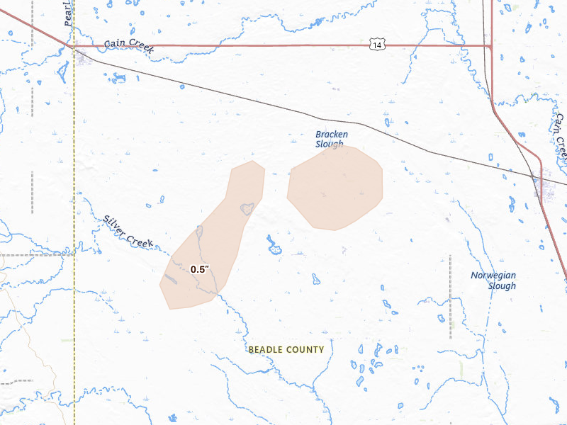 Radar-estimated hail-size map of the storm over Wolsey, SD on Sep 1, 2026