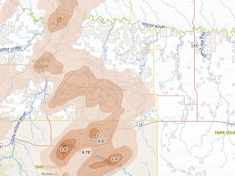Radar-estimated hail-size map of the storm over Wood, SD on Jun 2, 2026