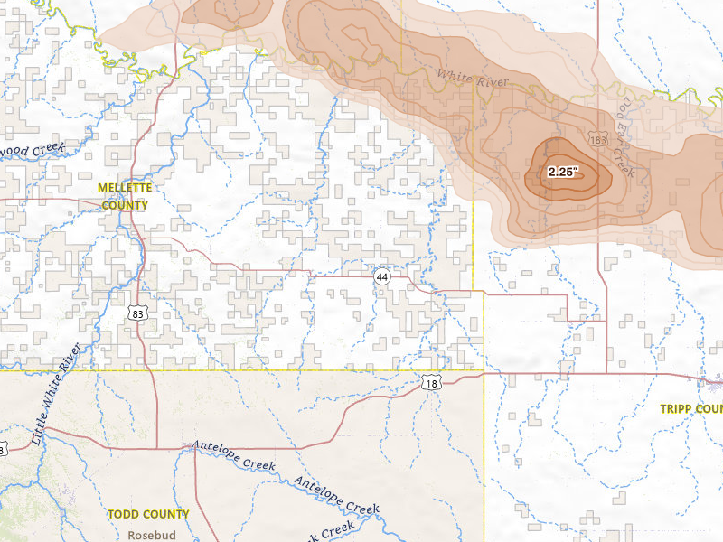 Radar-estimated hail-size map of the storm over Wood, SD on Jun 3, 2026