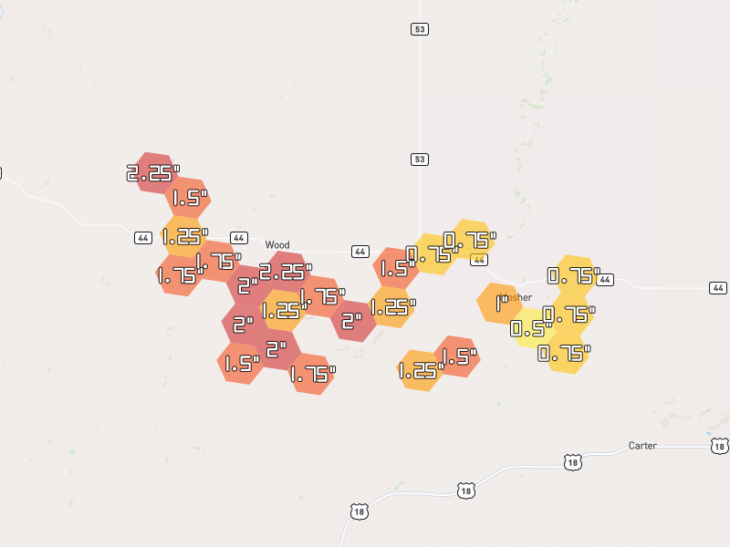 Hail map of Wood, SD on Jun 3, 2026, hail up to 2.25"