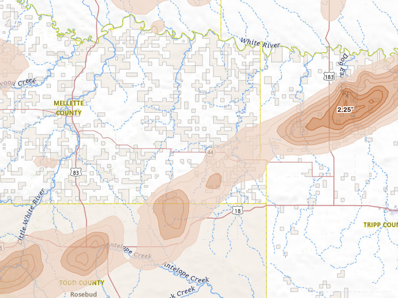 Radar-estimated hail-size map of the storm over Wood, SD on Jun 4, 2026