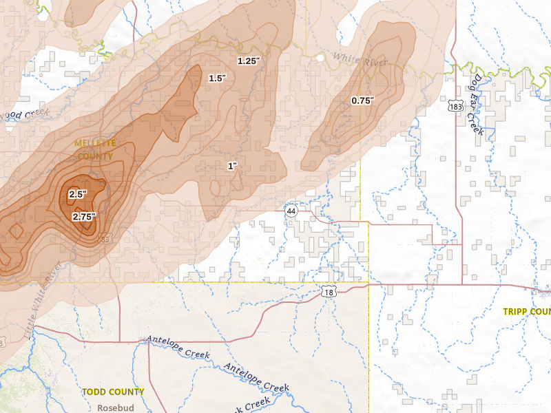 Radar-estimated hail-size map of the storm over Wood, SD on Jun 28, 2026