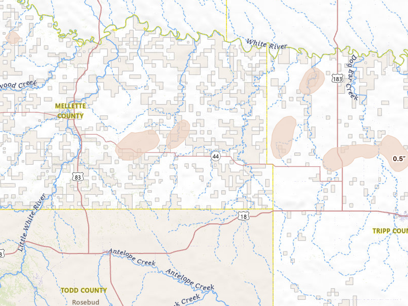 Radar-estimated hail-size map of the storm over Wood, SD on Jul 25, 2026