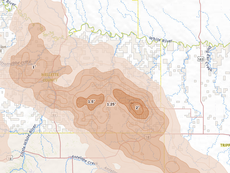 Radar-estimated hail-size map of the storm over Wood, SD on Aug 11, 2026