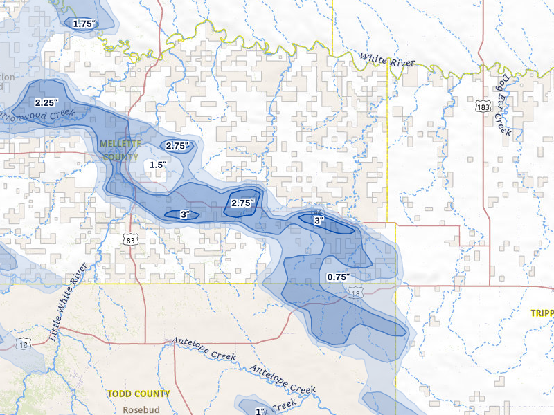 NEXRAD radar-signature map of the hail storm over Wood, SD on Aug 11, 2026