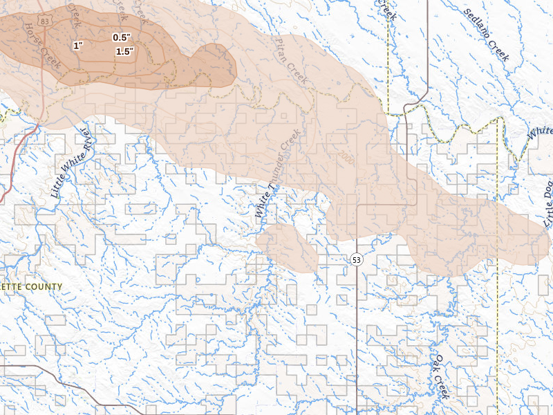 Radar-estimated hail-size map of the storm over Wood, SD on Aug 12, 2026