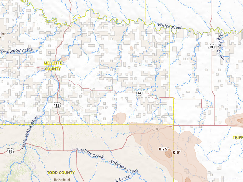Radar-estimated hail-size map of the storm over Wood, SD on Aug 18, 2026