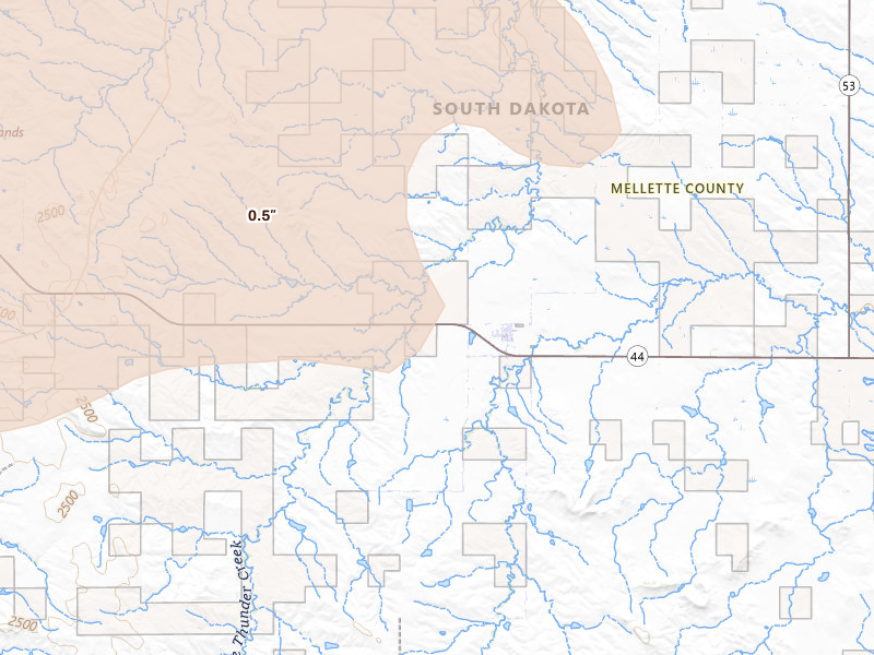 Radar-estimated hail-size map of the storm over Wood, SD on Aug 24, 2026