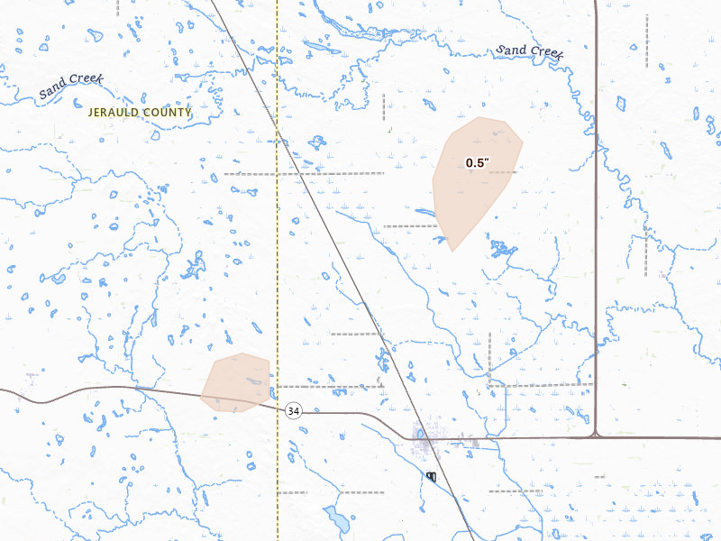 Radar-estimated hail-size map of the storm over Woonsocket, SD on May 31, 2026