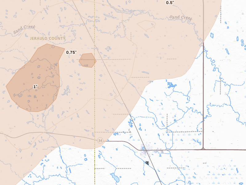 Radar-estimated hail-size map of the storm over Woonsocket, SD on Jul 2, 2026