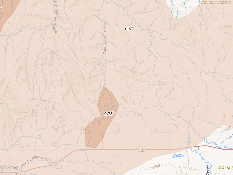 Radar-estimated hail-size map of the storm over Wounded Knee, SD on Jun 2, 2026