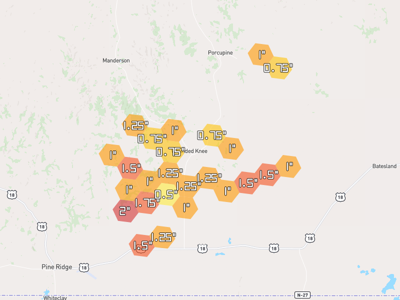 Hail map of Wounded Knee, SD on Jun 3, 2026, hail up to 2"