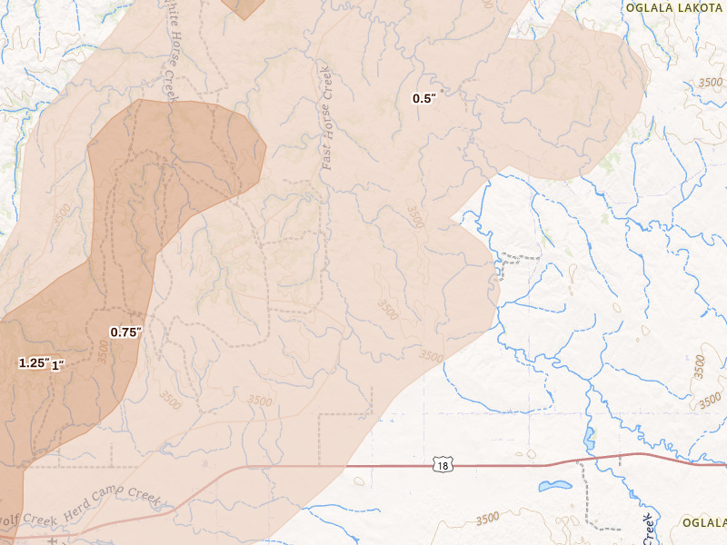 Radar-estimated hail-size map of the storm over Wounded Knee, SD on Jun 27, 2026